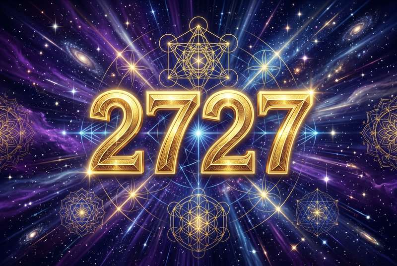 Abstrakte Darstellung der Engelszahl 2727 mit leuchtenden Zahlen und spirituellen Symbolen zur Selbstfindung und persönlichen...
