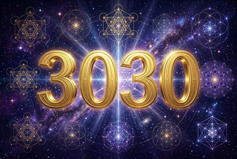 Symbolische Darstellung der Engelszahl 3030 mit leuchtenden Ziffern, die spirituelles Erwachen und göttliche Führung auf dem...