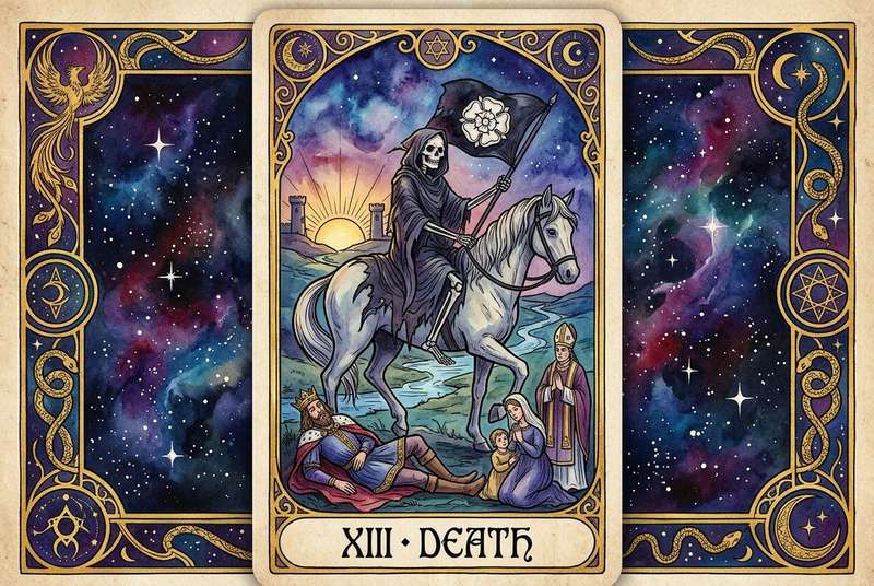 Tarotkarte zeigt eine skelettartige Figur auf einem Pferd, die über eine Landschaft reitet und symbolisiert Wandel sowie...