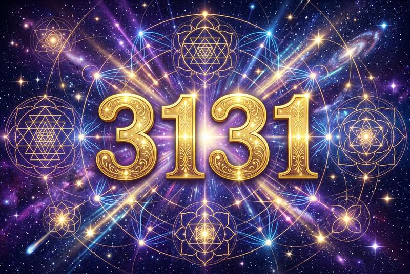 Spirituelle Darstellung der Zahlenfolge 3131 mit leuchtenden Elementen, die göttliche Führung und innere Klarheit symbolisieren.