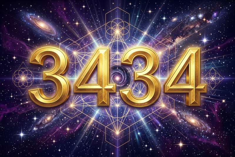 Engelszahl 3434 mit spirituellen Symbolen und leuchtendem Licht zur Darstellung der göttlichen Führung.