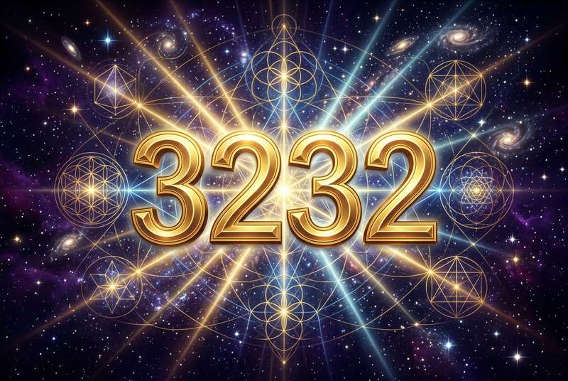 Symbolische Darstellung der Engelszahl 3232 mit spirituellen Elementen zur Manifestation und Lebensgestaltung nach göttlichen...