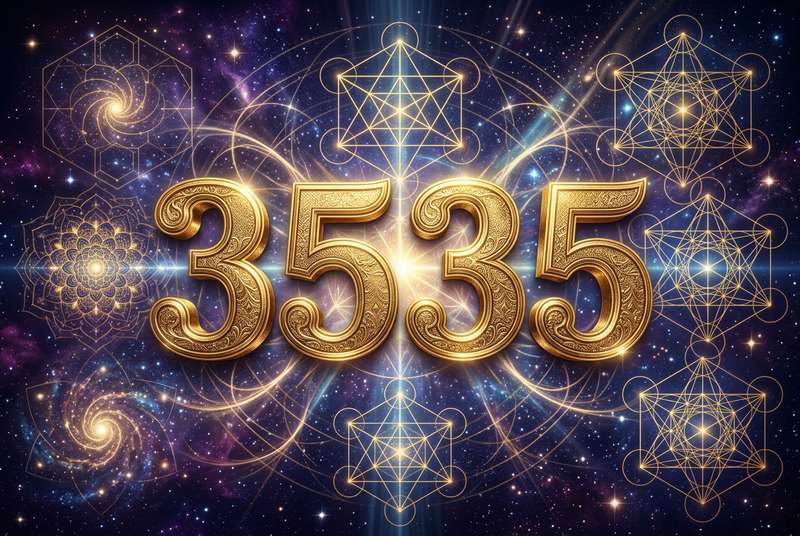 Mystische Darstellung der Engelszahl 3535 mit leuchtenden Zahlen und spirituellen Symbolen für Kreativität und Wohlstand.