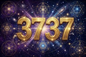 Symbolische Darstellung der Engelszahl 3737 mit leuchtenden Zahlen und spirituellen Elementen zur Veranschaulichung göttlicher...