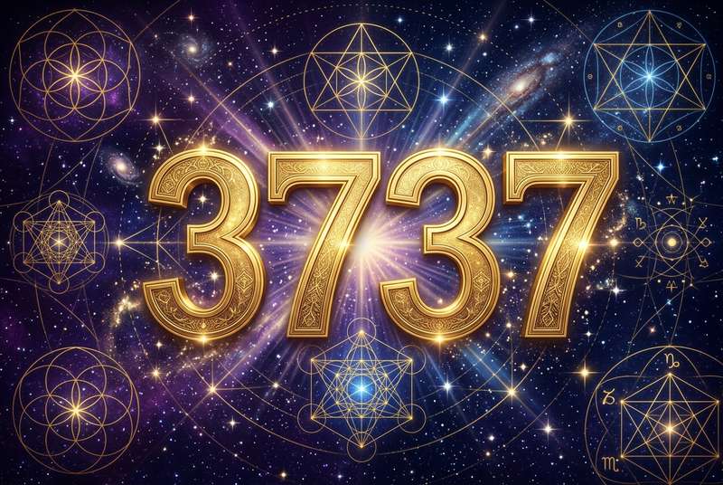 Symbolische Darstellung der Engelszahl 3737 mit leuchtenden Zahlen und spirituellen Elementen zur Veranschaulichung göttlicher...