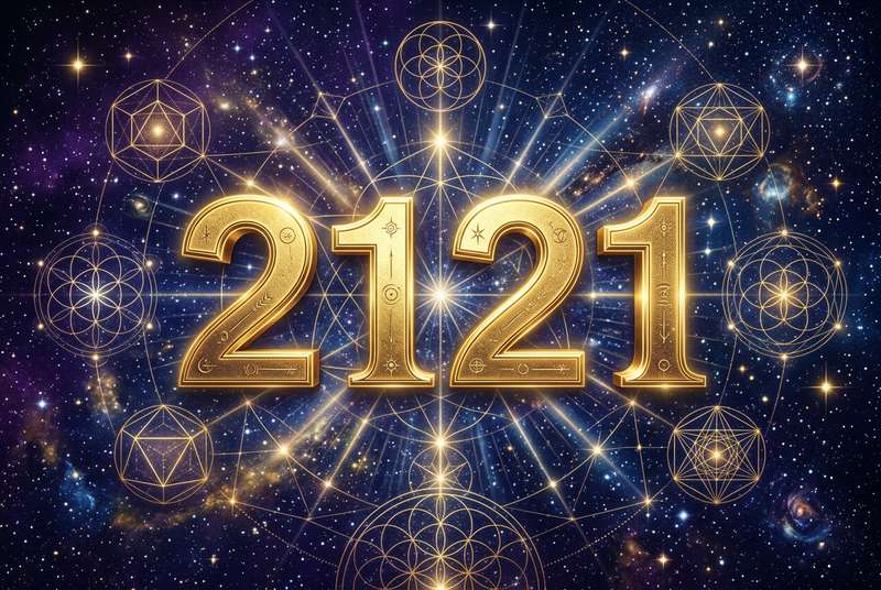 Symbolische Darstellung der Engelszahl 2121 mit leuchtenden Zahlen, die spirituelle Kraft und innere Disziplin repräsentieren.