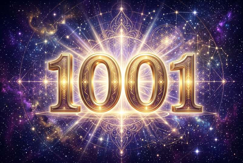 Symbolische Darstellung der Engelszahl 1001 mit spirituellen Elementen zur Veranschaulichung von persönlicher Transformation...