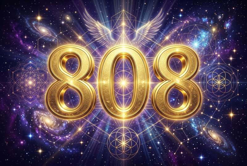 Spirituelle Darstellung der Engelszahl 808 mit Symbolen für Fülle, Kreislauf und göttliche Führung zur Manifestation von...