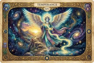 Tarotkarte Mäßigkeit zeigt einen Engel, der Wasser zwischen zwei Kelchen ausgießt und Harmonie sowie inneres Gleichgewicht...