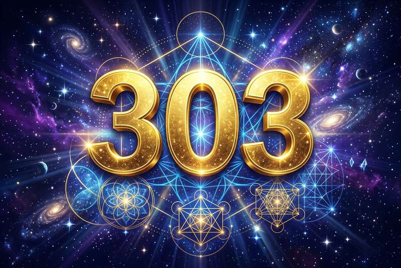 Symbolische Darstellung der Engelszahl 303 mit leuchtenden Zahlen, die spirituelle Führung und persönliche Transformation...