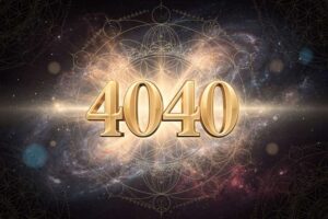 Abstrakte Darstellung der Zahl 4040 mit leuchtenden Elementen und spirituellen Symbolen für Stabilität und kosmische Weisheit.