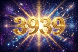Spirituelle Symbolik der Engelszahl 3939 mit leuchtenden Zahlen und himmlischen Elementen zur Manifestation göttlicher Bestimmung.