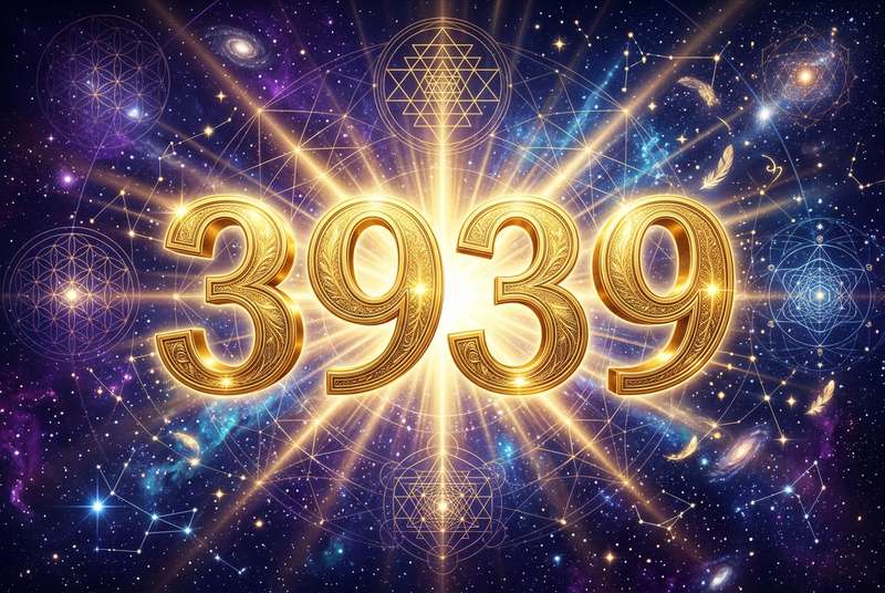 Spirituelle Symbolik der Engelszahl 3939 mit leuchtenden Zahlen und himmlischen Elementen zur Manifestation göttlicher Bestimmung.