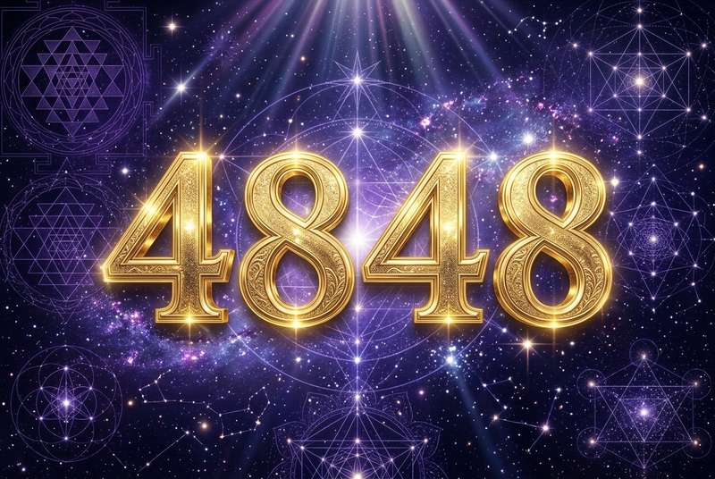 Symbolische Darstellung der Engelszahl 4848 mit spirituellen Elementen, die Integrität und materiellen Wohlstand für...