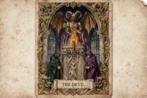 Carta del Tarot El Diablo mostrando la figura mitológica con sus símbolos de tentación y control espiritual.