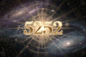 Symbolische Darstellung der Engelszahl 5252 mit leuchtenden Ziffern, die göttliche Führung und bedingungslose Liebe repräsentiert.