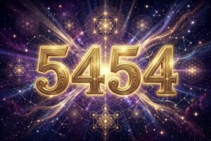 Mystische Zahlenkombination 5454 mit leuchtenden Elementen, die spirituelle Führung und göttliche Kommunikation symbolisiert.