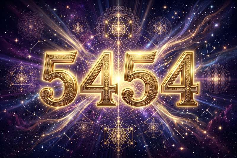 Mystische Zahlenkombination 5454 mit leuchtenden Elementen, die spirituelle Führung und göttliche Kommunikation symbolisiert.
