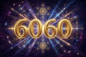 Symbolische Darstellung der Engelszahl 6060 mit leuchtenden Zahlen, umgeben von warmem Licht und Symbolen für Familie,...