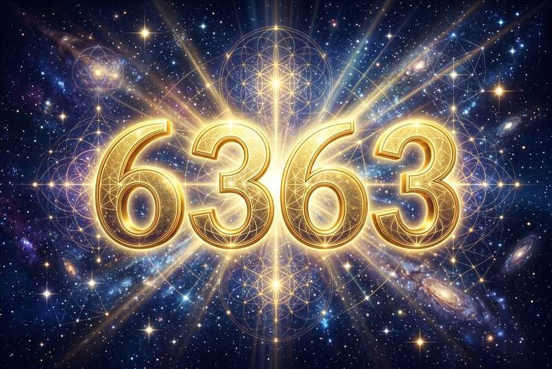 Numerologisches Symbol mit der Zahl 6363 in leuchtendem Gold, umgeben von spirituellen Elementen wie Sternen und Lichtstrahlen.