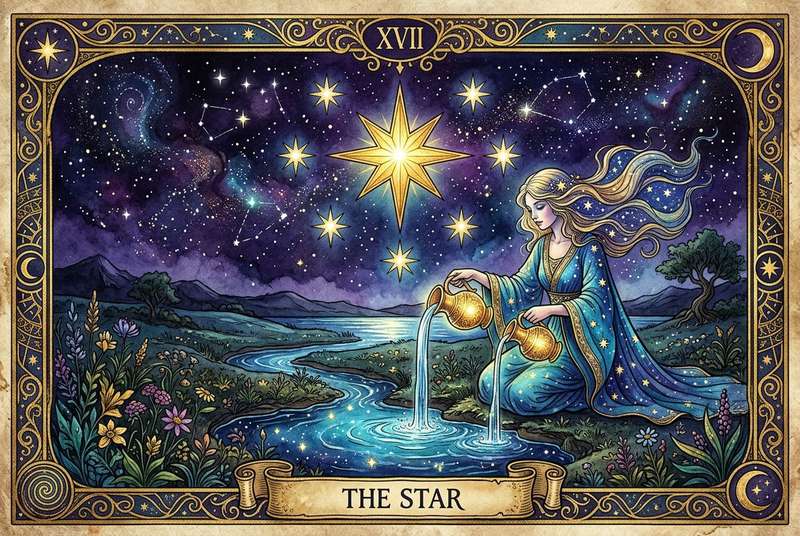 Tarotkarte Der Stern zeigt eine nackte Frau, die Wasser ausgießt, während Sterne am nächtlichen Himmel leuchten und Hoffnung...