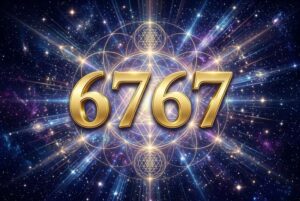 Mystische Zahlenkombination 6767 in leuchtenden Farben, die spirituelle Erleuchtung und himmlische Führung symbolisiert.