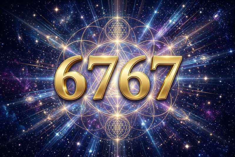 Mystische Zahlenkombination 6767 in leuchtenden Farben, die spirituelle Erleuchtung und himmlische Führung symbolisiert.