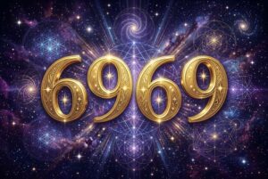 Symbolische Darstellung der Engelszahl 6969 mit verschlungenen Zahlen, die Balance und spirituelle Erneuerung repräsentieren.