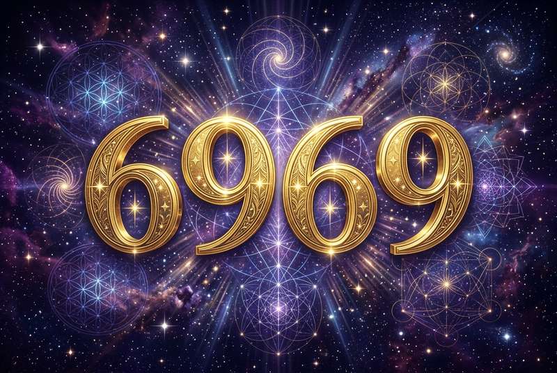 Symbolische Darstellung der Engelszahl 6969 mit verschlungenen Zahlen, die Balance und spirituelle Erneuerung repräsentieren.