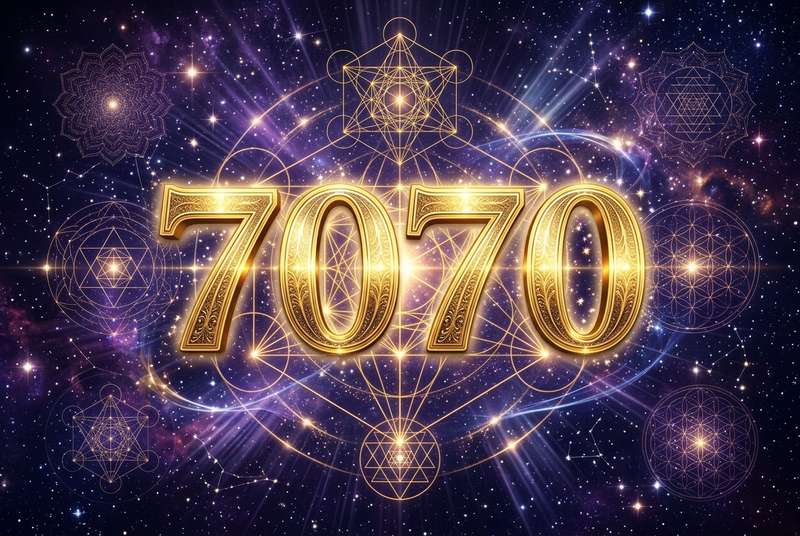 Symbolische Darstellung der Engelszahl 7070 mit glühenden Ziffern vor mystischem Hintergrund, die spirituelle Erleuchtung und...
