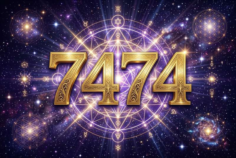 Grafische Darstellung der Engelszahl 7474 mit mystischen Symbolen zur Förderung von beruflicher Entwicklung und spirituellem...