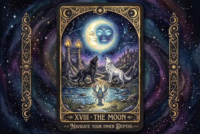 Mystische Tarotkarte zeigt den Mond über einer Landschaft mit zwei Türmen und symbolisiert Intuition sowie unbewusste Kräfte.
