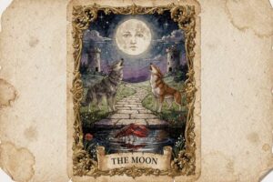 Carta del tarot La Luna mostrando una figura plateada iluminando el camino entre dos torres bajo un cielo nocturno estrellado.
