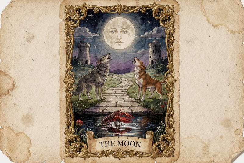 Carta del tarot La Luna mostrando una figura plateada iluminando el camino entre dos torres bajo un cielo nocturno estrellado.