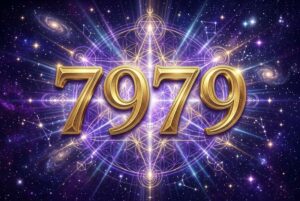 Numerologische Symbolik der Engelszahl 7979 mit leuchtenden Zahlen und spirituellen Lichteffekten.