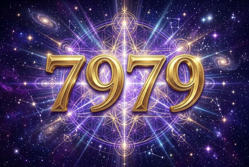 Numerologische Symbolik der Engelszahl 7979 mit leuchtenden Zahlen und spirituellen Lichteffekten.