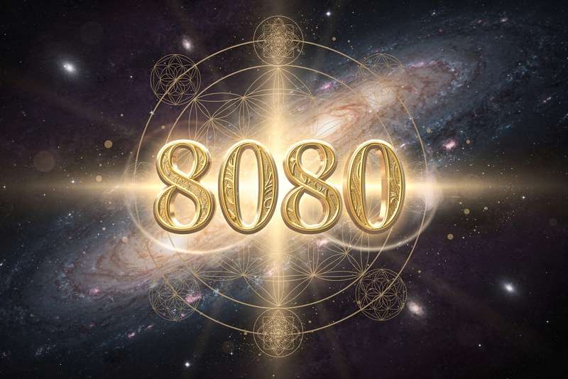 Mystische Zahlenkombination 8080 mit spirituellem Glanz, die Wohlstand und inneres Gleichgewicht symbolisiert.