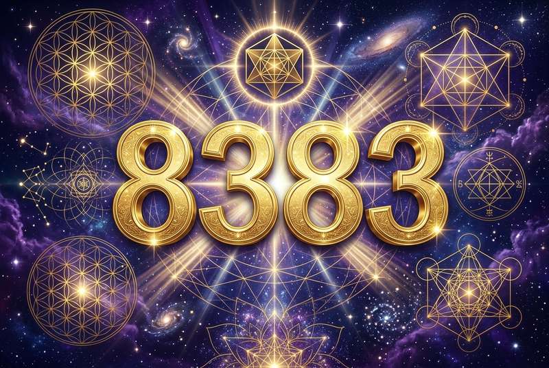 Numerologische Darstellung der Engelszahl 8383 mit spirituellen Symbolen für Wohlstand und göttliche Erfüllung.