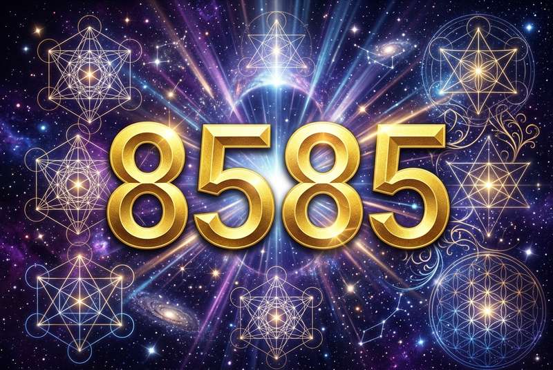 Numerische Sequenz mit den Ziffern 8585 in leuchtenden Farben symbolisiert spirituelle Führung und materielle Prosperität.