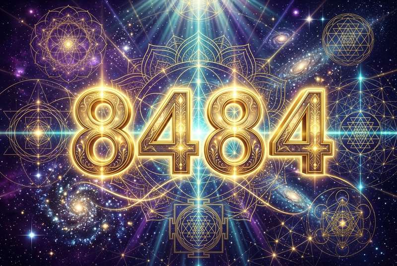 Symbolische Darstellung der Engelszahl 8484 mit leuchtenden Ziffern, die spirituelle Führung für materielles Wohlbefinden und...