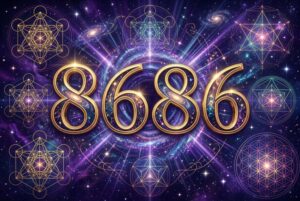 Symbolische Darstellung der Engelszahl 8686 mit numerologischen Elementen, die Wohlstand, Fülle und spirituelle Transformation...