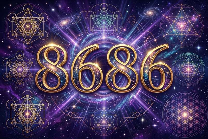 Symbolische Darstellung der Engelszahl 8686 mit numerologischen Elementen, die Wohlstand, Fülle und spirituelle Transformation...