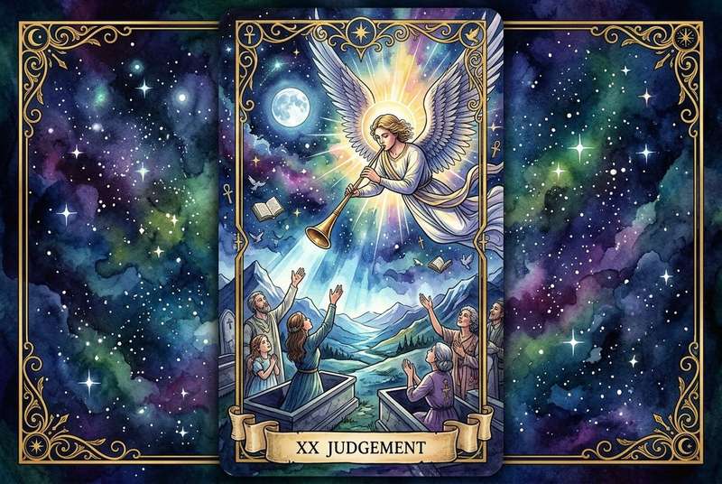 Tarot-Karte Das Gericht zeigt einen Engel über auferstehenden Menschen, die ihre Arme erheben und ihre spirituelle...