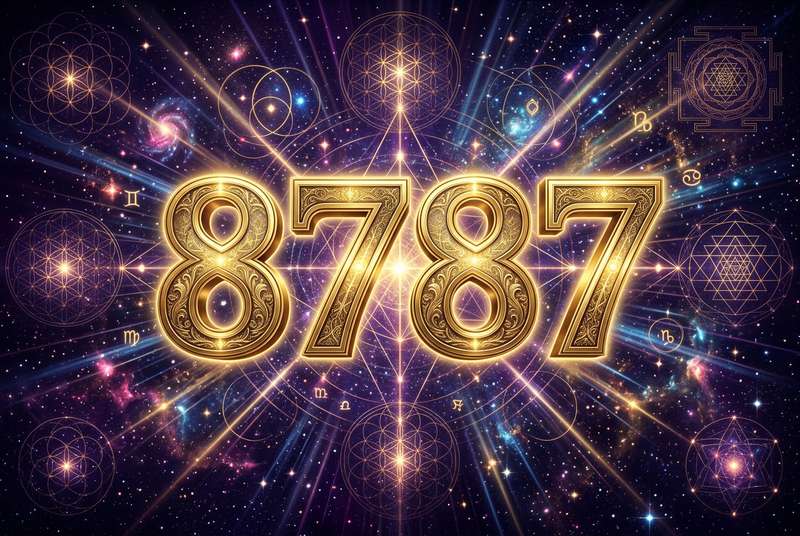 Symbolische Darstellung der Engelszahl 8787 mit leuchtenden Ziffern, die göttliche Fülle und spirituelle Transformation...