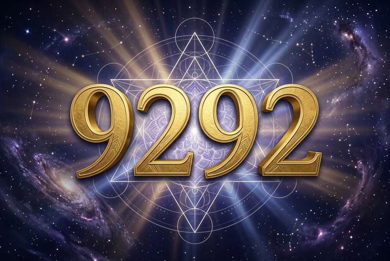 Numerologische Symbolik der Zahl 9292 mit leuchtenden Elementen, die spirituelles Wachstum und Transformation darstellen.