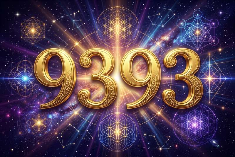 Numerologische Darstellung der Engelszahl 9393 mit spirituellen Symbolen und leuchtenden Energiemustern zur Veranschaulichung...