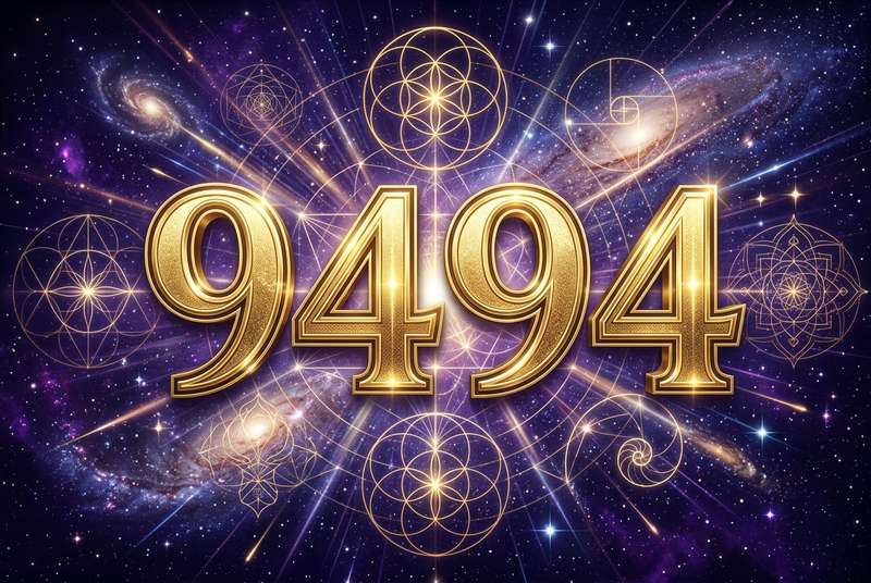 Mystische Zahlenkombination 9494 in leuchtenden Farben, die spirituelle Führung und göttliche Planung symbolisiert.