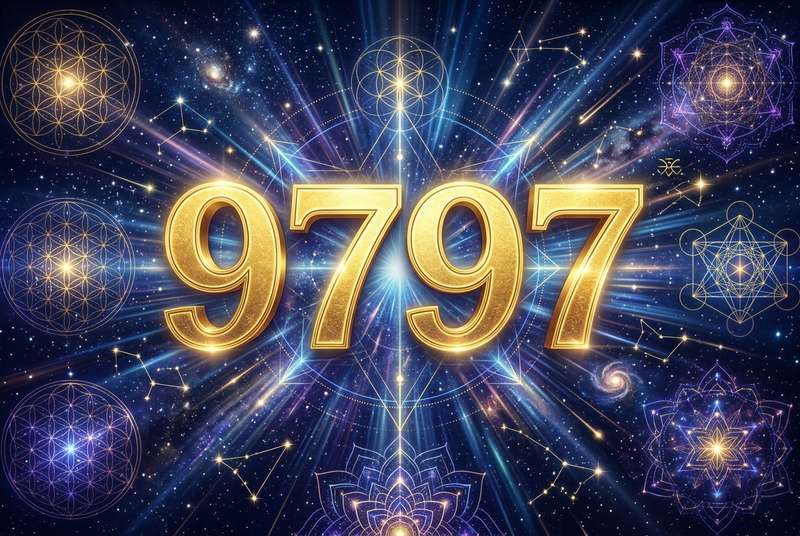 Symbolische Darstellung der Engelszahl 9797 mit leuchtenden Zahlen, die spirituelle Führung und göttliche Bestimmung...
