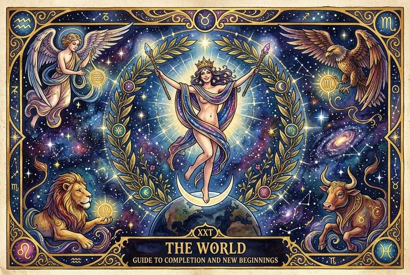 Tarotkarte "Die Welt" zeigt eine nackte Figur, umgeben von einem Kranz aus Laubwerk und vier symbolischen Wesen in den Ecken.