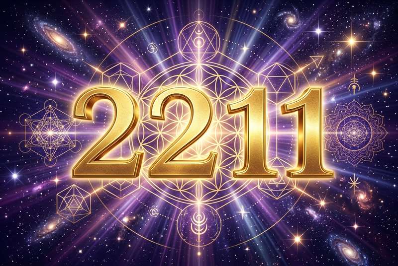 Symbolische Darstellung der Engelszahl 2211 mit leuchtenden Ziffern, die göttliche Führung und spirituelle Harmonie...